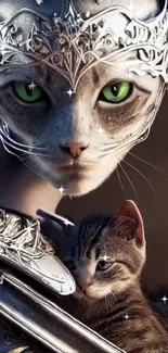 Fantasy cat in armor with green eyes.