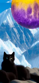 Surreal wallpaper with cats, mountains, and colorful orb.