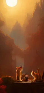 Two cats gazing under a glowing sunset in a mystical valley.