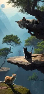 Cats on a mystical cliff with a stunning mountain view.