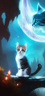 Fantasy cats under a mystical moon in a vibrant, enchanted landscape.