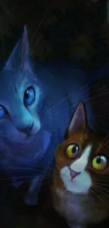 Enchanting cats with mystical blue and brown hues in a digital art wallpaper.