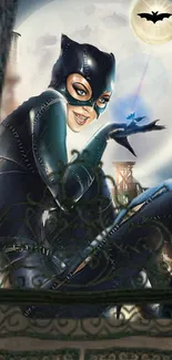 Catwoman in dark suit against moonlit sky with whimsical elements.