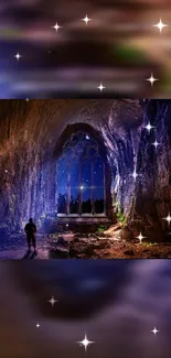 Mystical cave archway at night with stars.