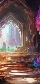 Mystical cave with vibrant crystals and enchanting colors.