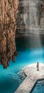 Captivating cave with blue waters and mysterious light beam.