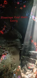 Cave illuminated by beams of light with heart accents.