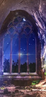 Mystical cave with starry night and fantasy elements perfect for mobile wallpaper.