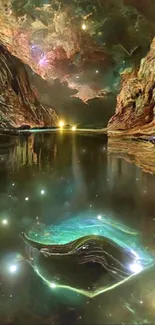 Ethereal cave with glowing stars and water reflection.