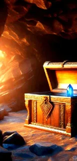 Open treasure chest in a mystical cave with golden light and blue crystal glow.