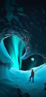 Person explores icy cave underneath glowing Northern Lights.