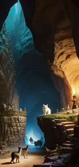 Mystical cave scene with cats and vibrant lights in a fantasy setting.