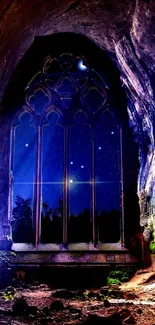 Mystical cave with a starlit window and gothic architecture.