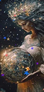 Ethereal figure holding glowing orb with celestial aura background.