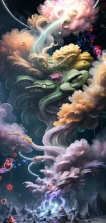 Colorful celestial dragon artwork with clouds in a mystical scene.