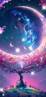 Mystical fantasy landscape with a moon and tree in vibrant pink and blue hues.