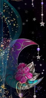 Celestial crescent moon with floral design and stars on a purple night background.