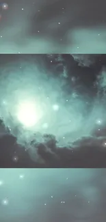 Mystical celestial sky with glowing stars and cosmic clouds in teal hues.