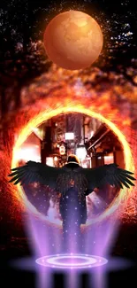 Mystical dark angel with fiery vortex and celestial moon.