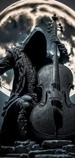 Reaper with cello in moonlight, gothic theme.