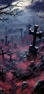 Mystical cemetery with moonlit tombstones in a spooky setting.