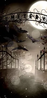 Mystical cemetery wallpaper with moon, bats, and gothic gates at night.