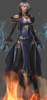 Mystical character in dark gray, blue, and gold outfit exuding magical aura.