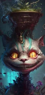 Mystical Cheshire Cat with glowing eyes and dark, enchanting background.