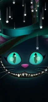 Teal Cheshire Cat with hat on dark background wallpaper.