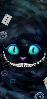 Mystical Cheshire Cat with glowing eyes and playing cards on a dark abstract background.