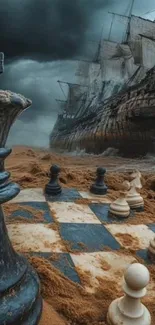 Chessboard and ship under stormy skies.