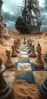 Chessboard leading to a mysterious ship in a desert landscape.