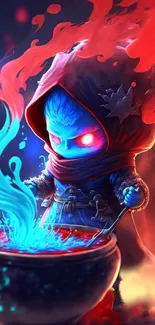 Chibi mage with blue and red flames, exuding mystical vibes.