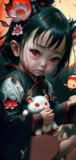 Fantasy child holding a magical creature with dark red and mystical features.