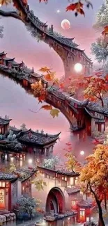 Mystical Chinese landscape wallpaper with autumn foliage and architecture.