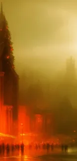 Misty Gothic cityscape with glowing lights at dawn, creating a mystical ambiance.