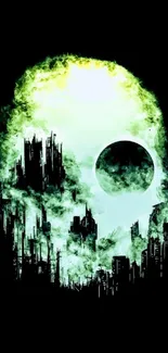 A mystical city silhouette with green mist and a glowing moon on a black background.