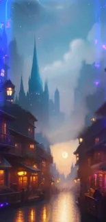 Fantasy city street with glowing lights and a magical nighttime atmosphere.