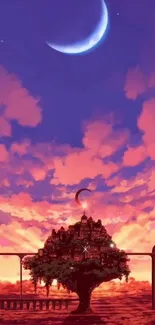 Fantasy city under a crescent moon at sunset with vibrant pink clouds.