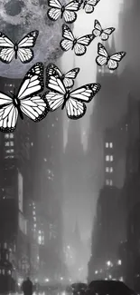 Mystical cityscape with butterflies and moon in grayscale theme.