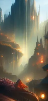 Fantasy cityscape with towers and mystical lighting.