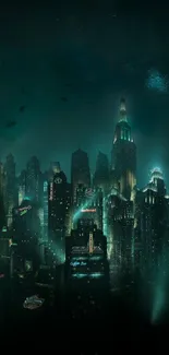 Futuristic cityscape at night with a mystical teal glow.