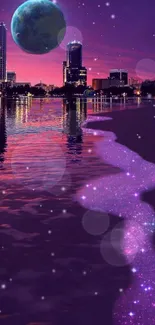 Mystical cityscape with purple night sky and glowing reflections.