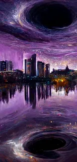 Mystical cityscape with vortex and reflections in purple hues.