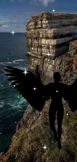 Silhouette of angel over dramatic ocean cliff.