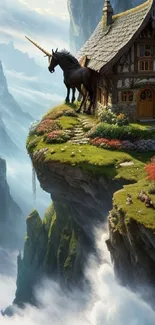 A unicorn stands near a cozy cottage on a misty cliffside, overlooking a fantasy landscape.