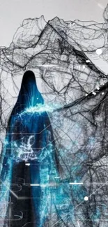 Cloaked figure with blue light and intricate lines.