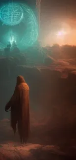 Cloaked figure in fantasy glowing landscape art