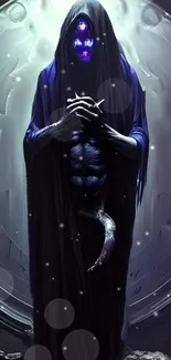 Cloaked figure with purple eyes in a mystical, dark-themed mobile wallpaper.