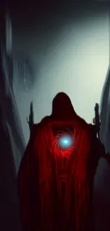 Mystical cloaked figure with red aura in fantasy setting.